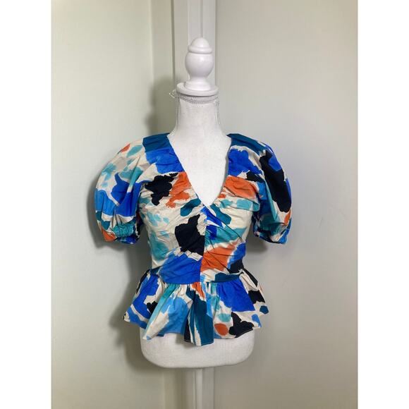 Gilner Farrar Puff Sleeves Blue and Orange Watercolor Peplum Shirt Sz S - Picture 1 of 3